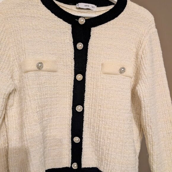 Mango MNG Pocket Tweed Cardigan Sweater Large Off White Black Cotton Blend EUC - Picture 4 of 15
